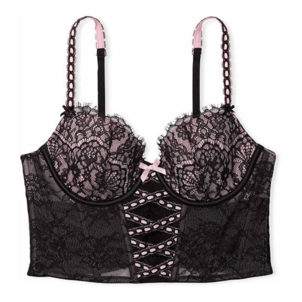 New! Victoria's Secret black pink lace bustier corset bra 19968